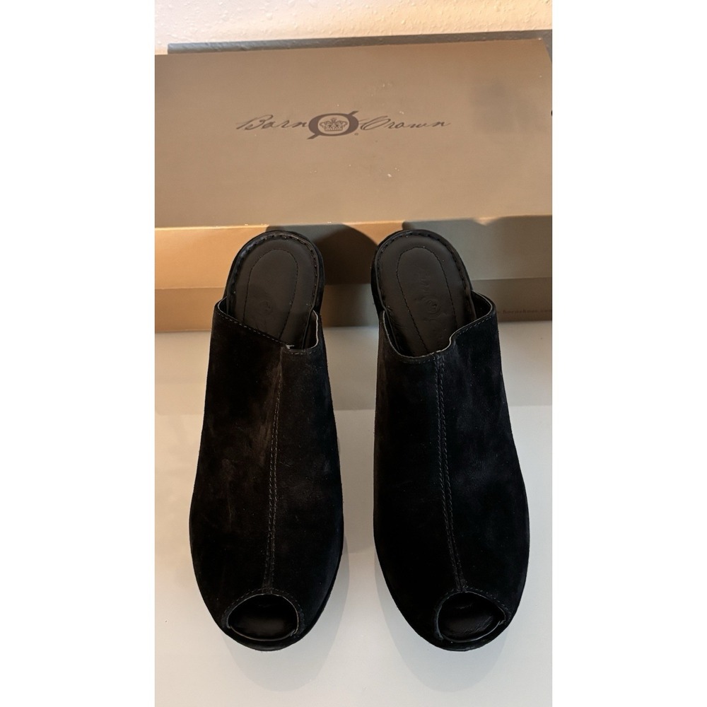 Born Crown Vair Black Leather Wedge Mules Peep Toe Size‎ 8 EU 39 NIB